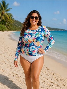 VENUS Multicolor Floral Print Long-Sleeve Swim Top - Sz Large Bathing Suit Top